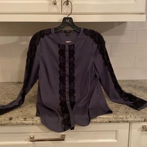 Ann Taylor Petite Deep Indigo blouse with black lace trim Size 8P